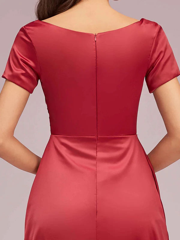 Robe Weitese élégante à col en V et manches courtes, robe longue en satin doux, robe de bal plissée avec fente